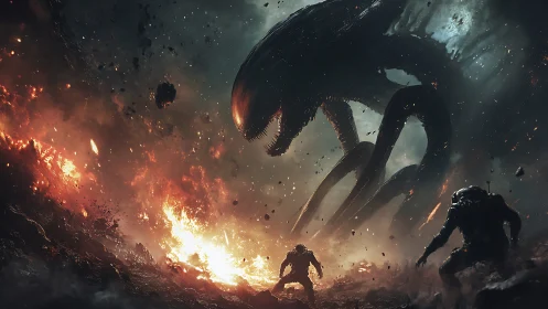 Colossal alien titan looms over brave soldiers in burning ash