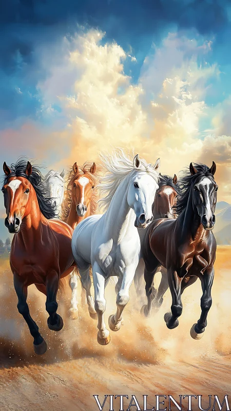 Galloping horses under luminous sky on dusty plain.