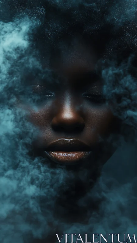 Portrait in teal smoke with luminous closed-eye serenity.