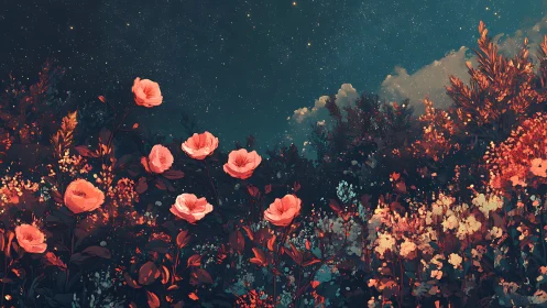 Nocturnal Garden Ablaze: Coral Roses Pierce Twilight's Teal Veil.