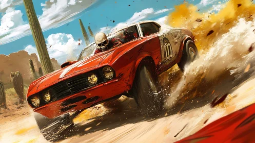 Skull driver in red muscle car tearing through desert dust.