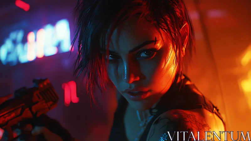 Neon-lit cyberpunk warrior poised in glowing crossfire.