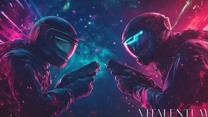 Two armored sci fi soldiers aiming pistols in neon standoff.