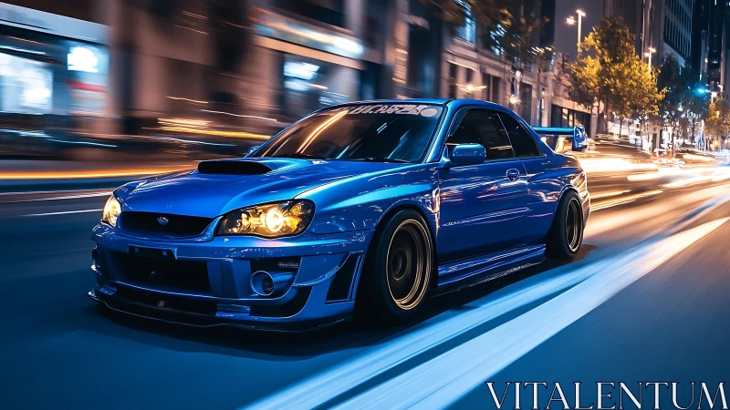 Blue modified sports car on illuminated urban street at night.