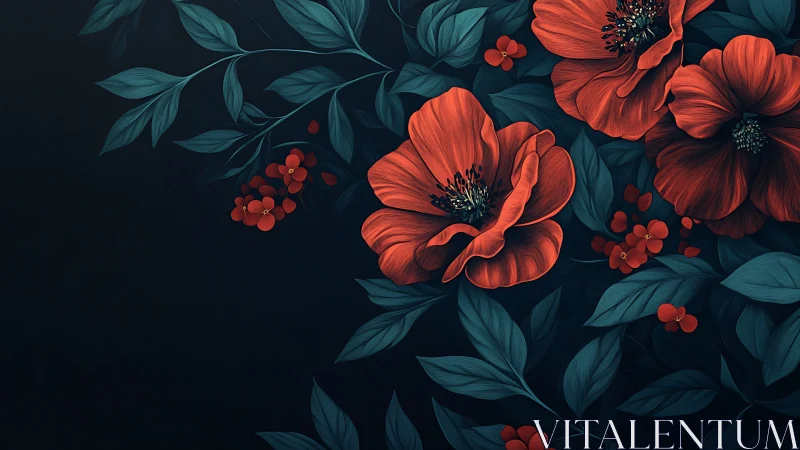 Coral Poppy Florals with Teal Foliage on Deep Navy Background