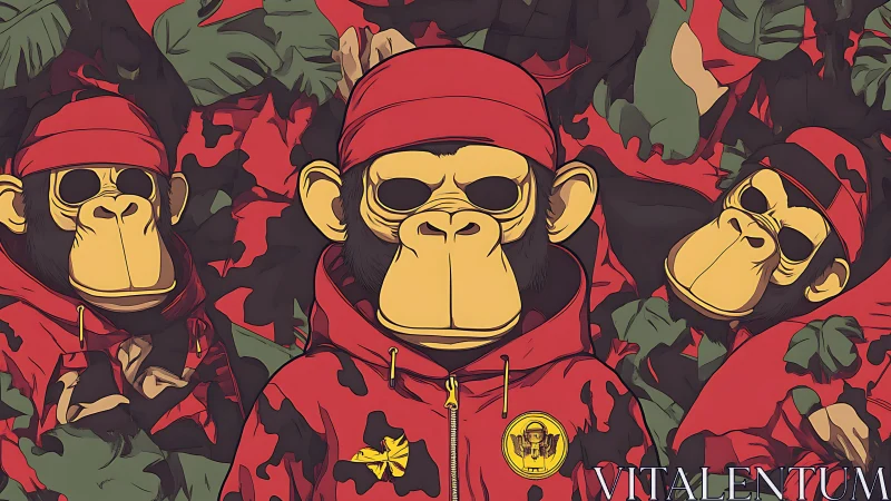 Stylized primates in red patterned hoodies and caps.