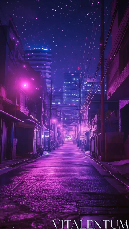 Neon hush over midnight alleyways in star-dusted cityscapes.