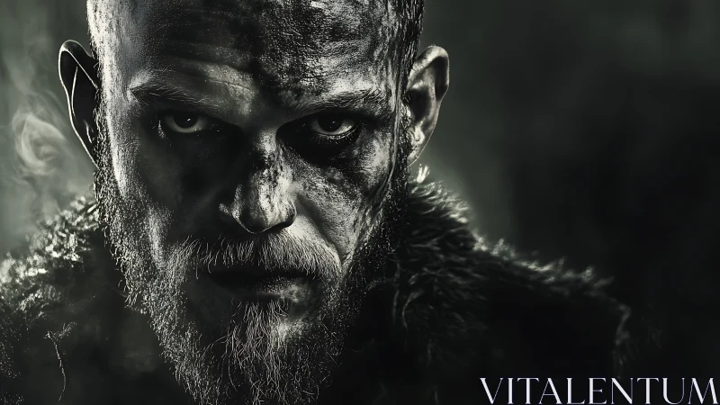 Weathered warrior’s intense gaze in smoky shadowed light.