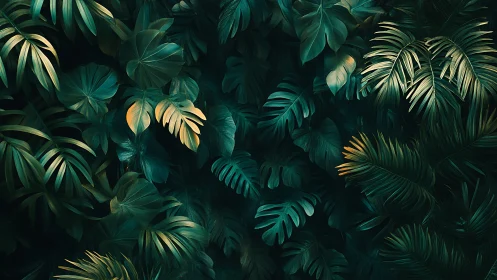 Dense tropical foliage in deep green and golden light.