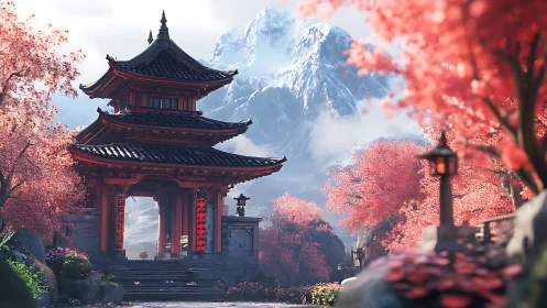 Spring temple gate beneath snowy mountain daydreams.