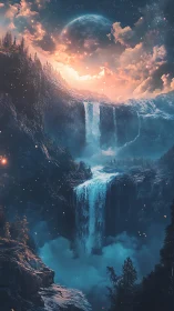 Celestial cascades beneath an ethereal planetlit sky.