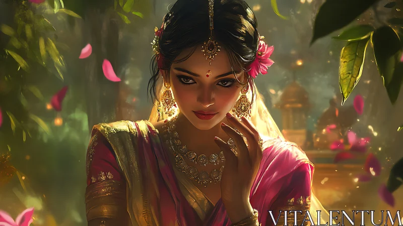 Elegant Indian Woman in Traditional Attire, Romantic Digital Art.