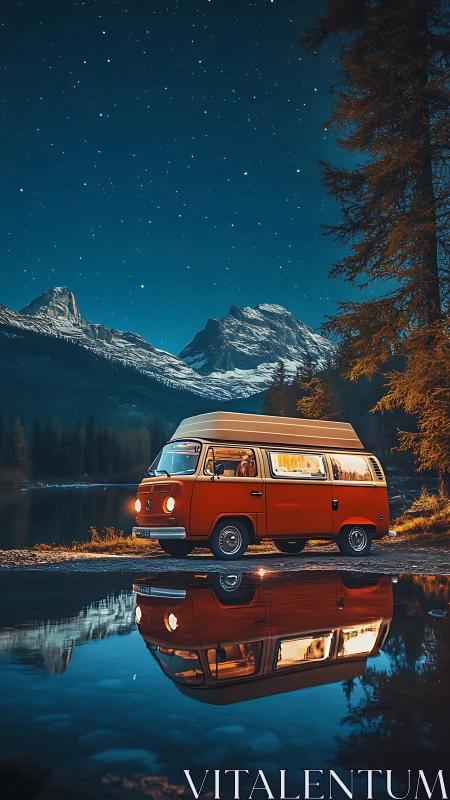 Photorealistic night camper van with alpine lake reflection.