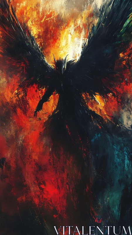 Winged dark figure silhouetted against intense fiery background.