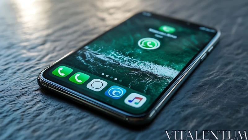 Smartphone on textured surface with WhatsApp call interface active