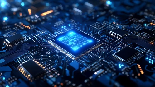 Glowing blue microchip at the heart of a digital circuit board.
