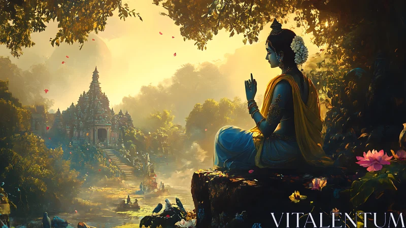Divine blue deity meditates before ornate riverside temple at dawn