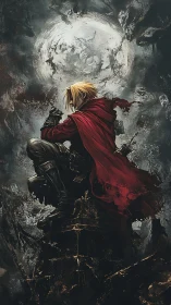 Red cloaked warrior crouched on rock under large moon.