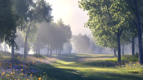 Tree-Lined Avenue Through Blooming Meadow at Dawn.