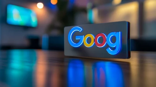 Photorealistic neon tech logo plaque on reflective tabletop surface.