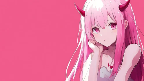 Melancholic pink demon girl gazes softly into empty space