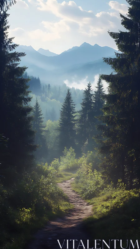 Misty Mountain Path Through Towering Evergreens