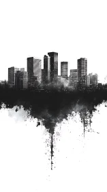 Monochrome city skyline over dripping ink silhouette.