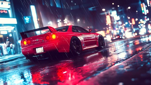 Red street racer on wet neon city road at night.