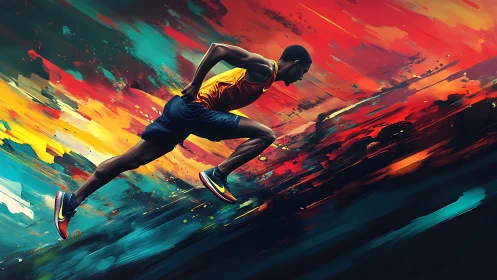 Sprinter charges forward through blazing abstract colors