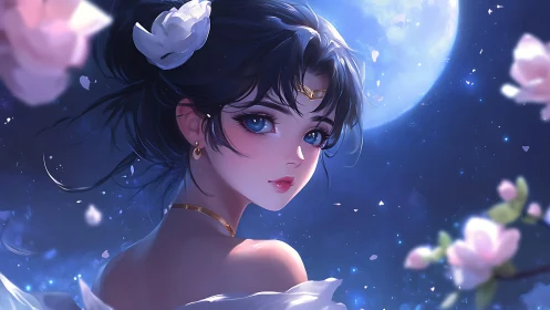 Moonlit girl gazes softly under glowing petals and starlight