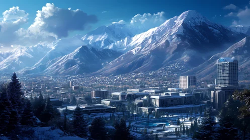 Snowbound alpine cityscape rendered in crisp photoreal detail