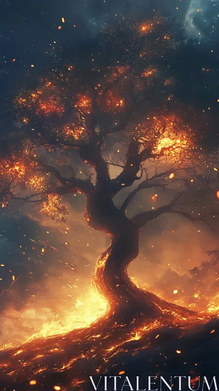 Ancient Tree Ablaze: Celestial Fire Ignites Sacred Branches.
