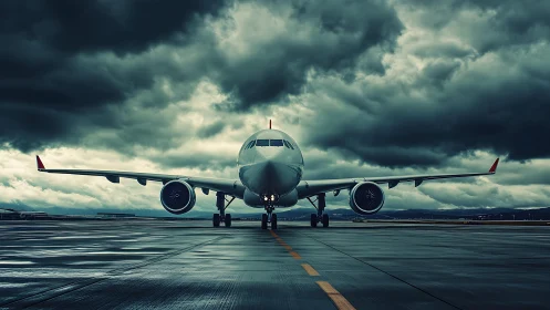 Widebody jetliner on wet runway under turbulent storm clouds