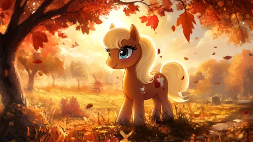 Golden pony enjoys a glowing autumn forest adventure