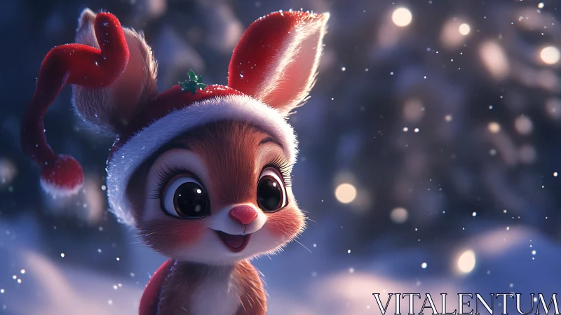 Snowlit baby bunny beams beneath a floppy Santa hat