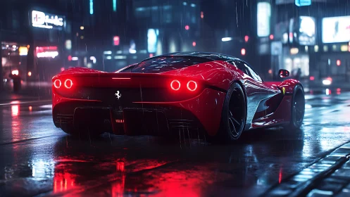 Red supercar on wet neon city street at night in rain.
