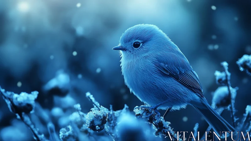 Blue Songbird Perched on Frosty Branch in Dreamy Winter Light.