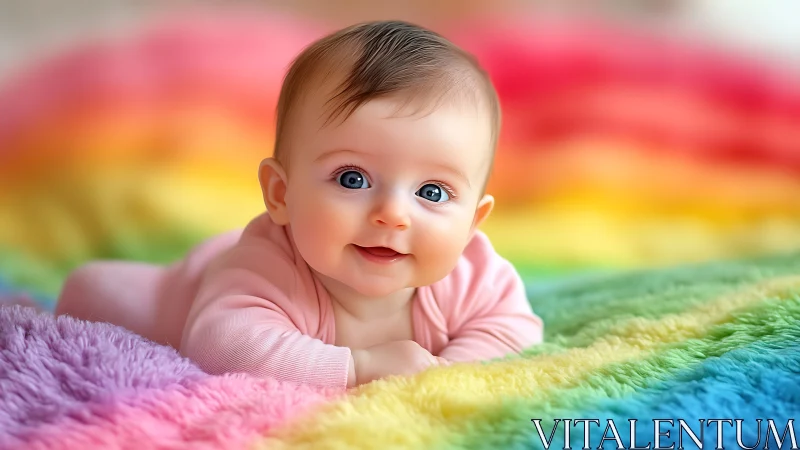 Joyful infant in pink on multicolored fuzzy textile background.