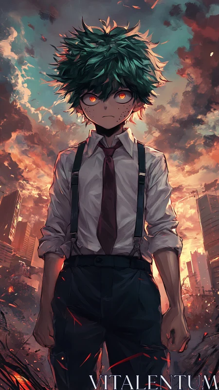 Fierce green haired hero glowing against a burning skyline.