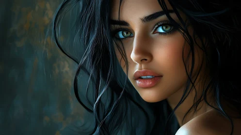 Digital portrait of woman with teal eyes and dark hair.