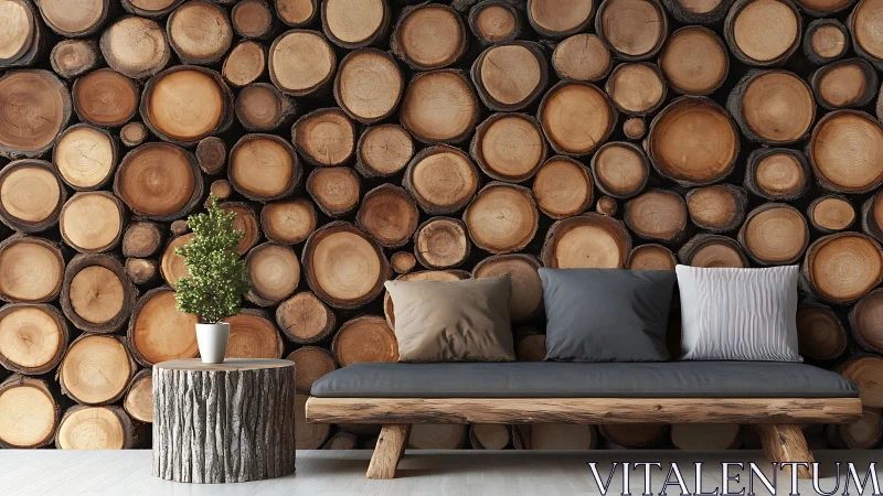 Log slice wall with rustic bench and neutral cushions.