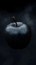 High-contrast macro study of dew-laden black apple form.