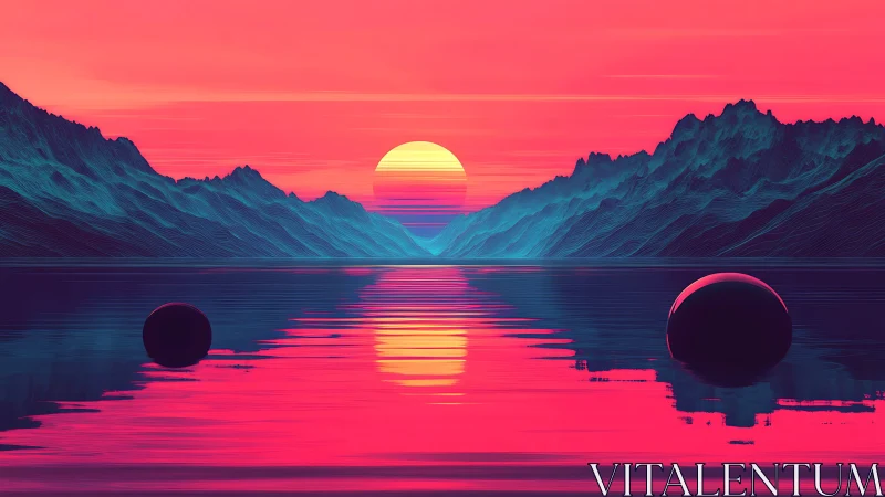 Neon twin-sphere sunset across low-poly glacial fjordscape.