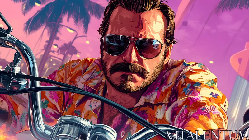 Retro biker speeds through neon sunset streets in style.