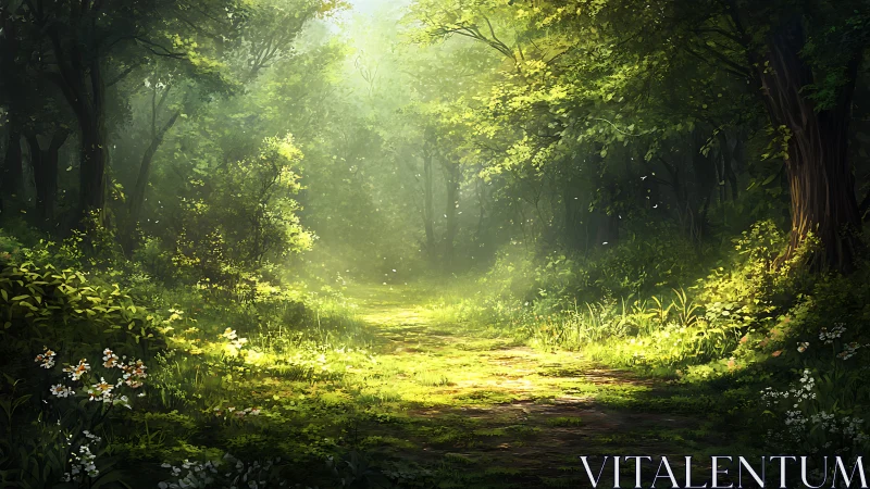 Sunlit Forest Path Through Dense Canopy.