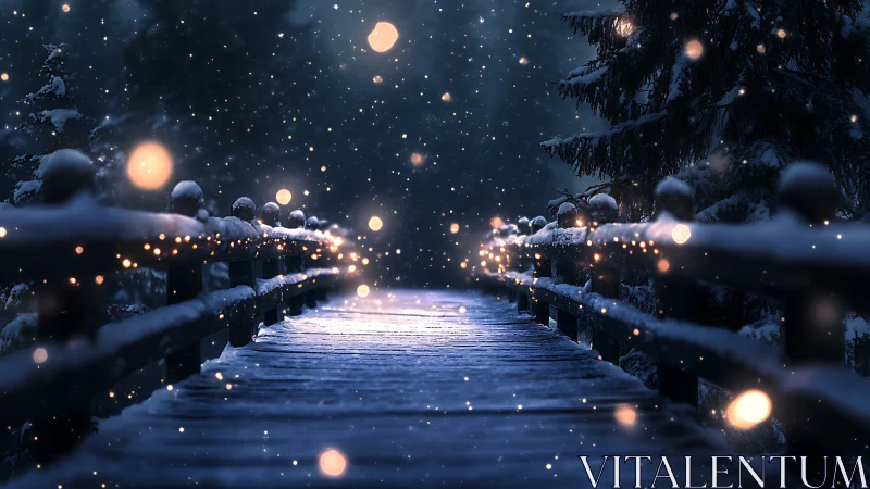 Snowy bridge glows softly under winter lights and falling snow