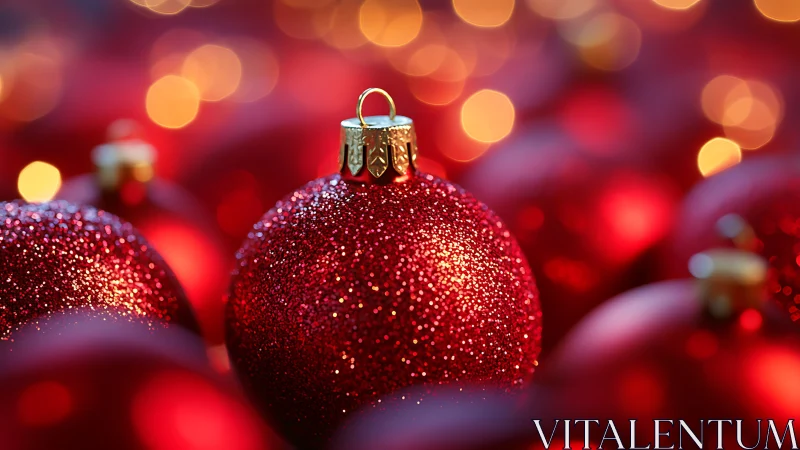 Glittering red Christmas bauble shines amid warm bokeh lights.