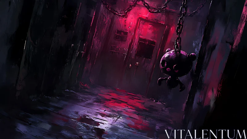 Haunting chained toy lingers in a dark red-lit corridor