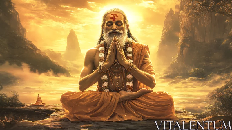 Elderly robed figure meditating before luminous landscape.