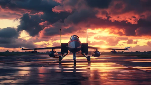 Sunset-lit fighter jet on reflective runway in stormy sky.